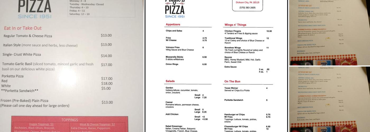Angie's Pizza Menu