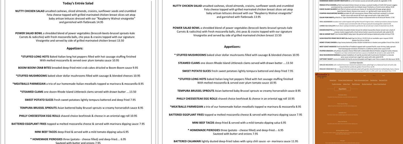 Alexander's Family Restaurant Menu