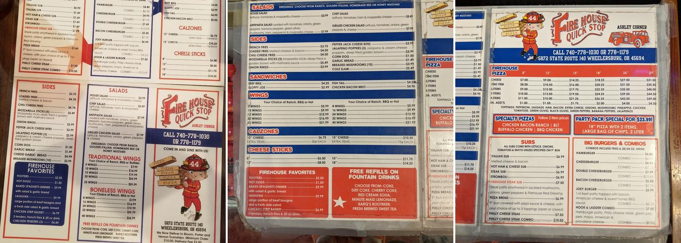 FireHouse Quick Stop & Pizza Menu