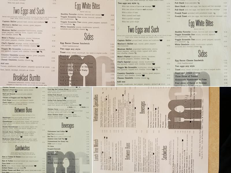 Mariner's Coffee Shop Menu