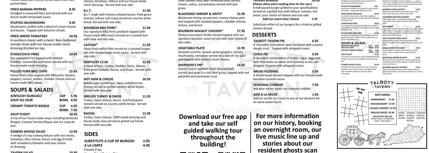 The Old Talbott Tavern Menu