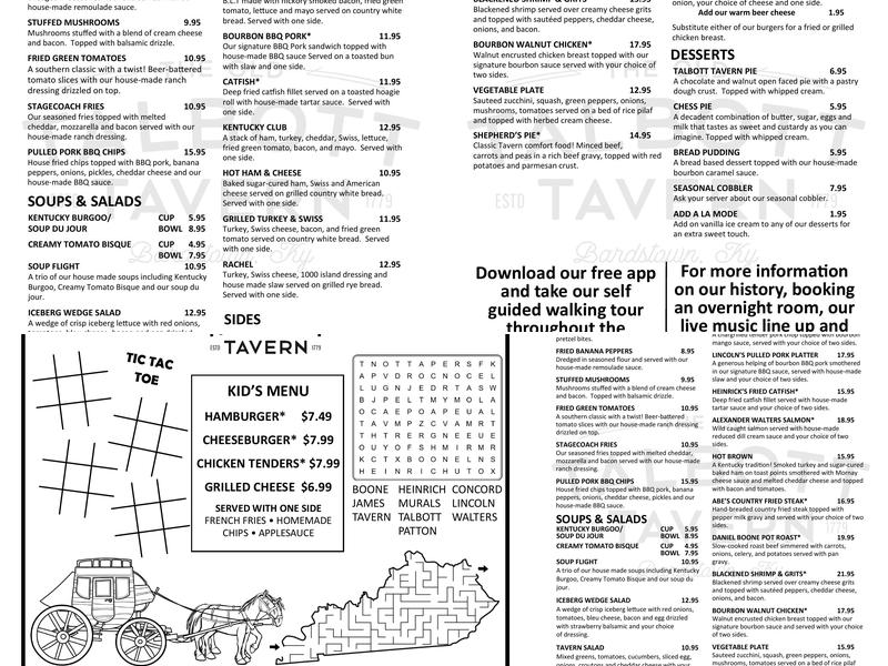 The Old Talbott Tavern Menu