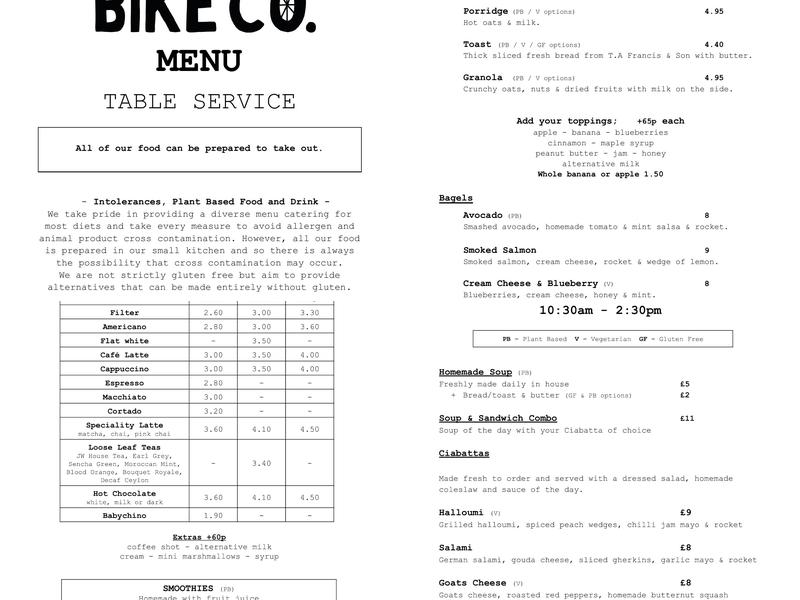 The Frothy Bike Co. Menu