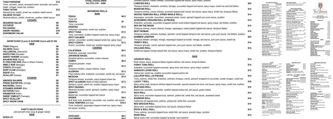Thai Samurai Restaurant Menu