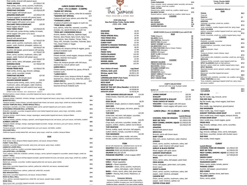 Thai Samurai Restaurant Menu