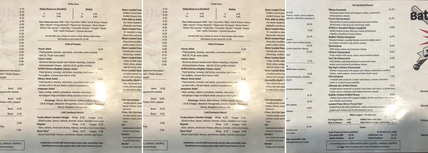 The Batter's Box Sports Bar & Grille Menu