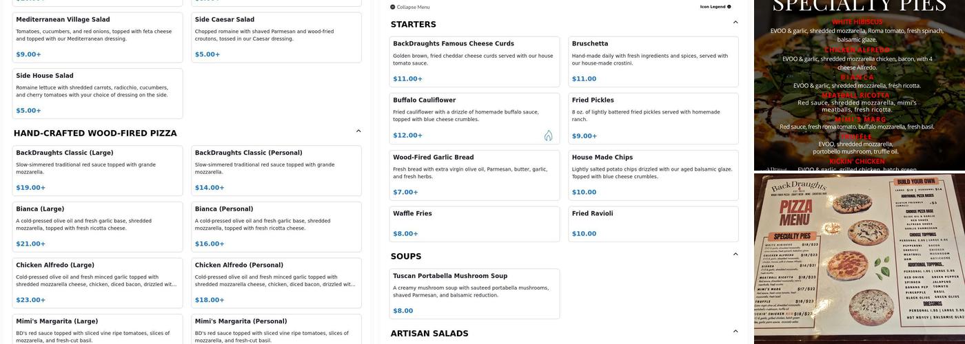Back Draughts Pizza Menu