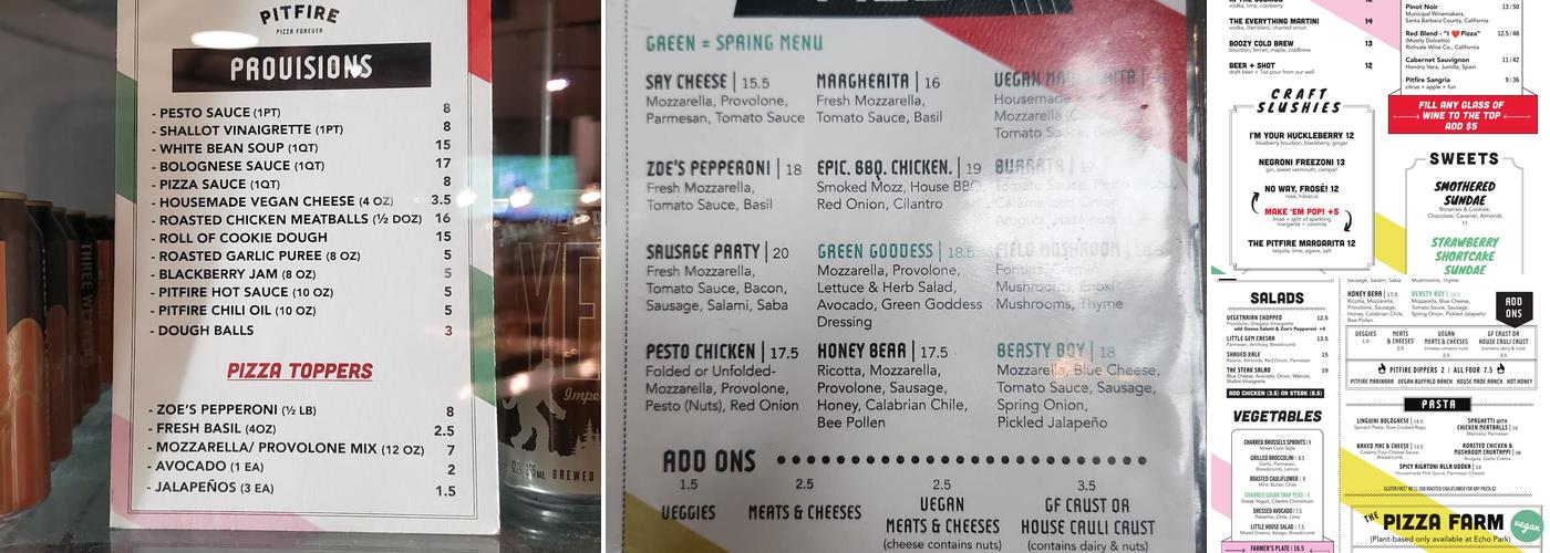 Pitfire Pizza Menu
