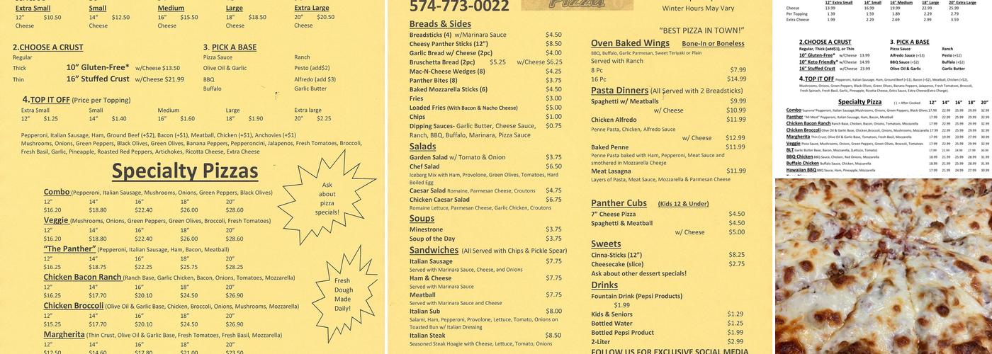 Panthers Pizza Menu