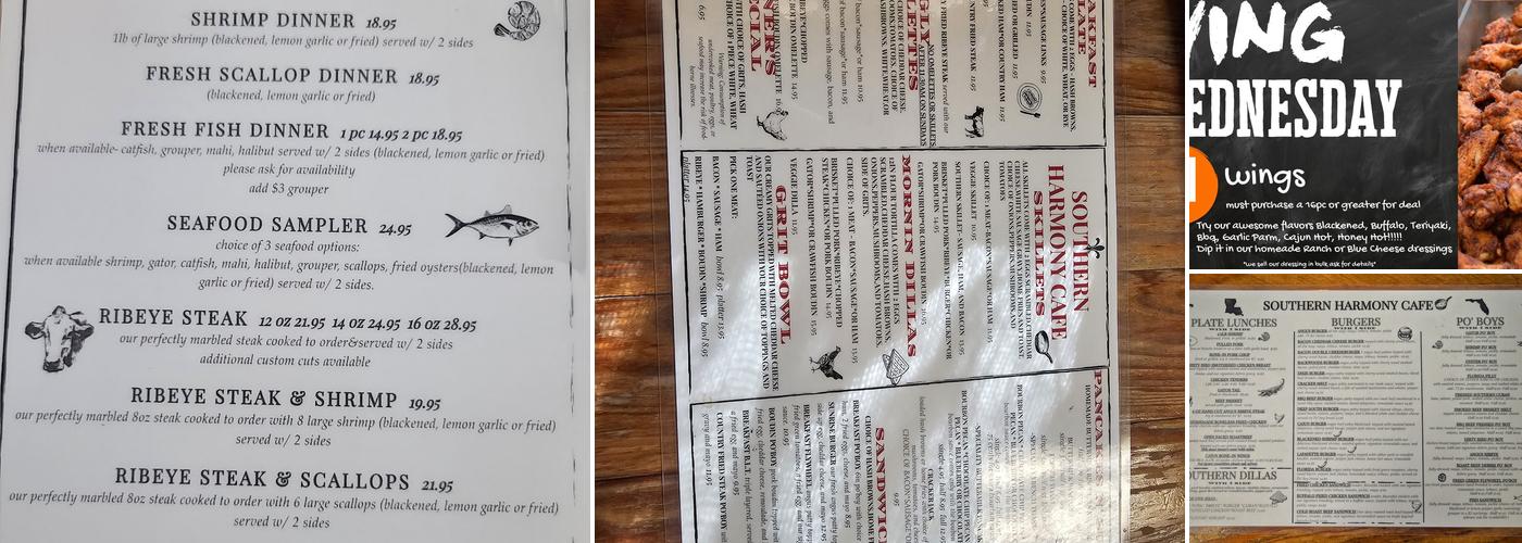 Southern Harmony Cafe Menu