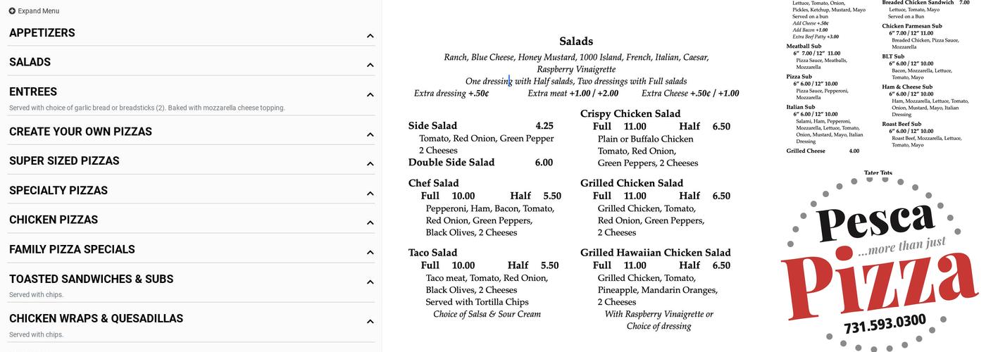 Pesca Pizza Menu