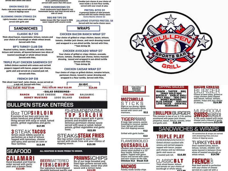 The Bull Pen Sports Bar and Grill Menu