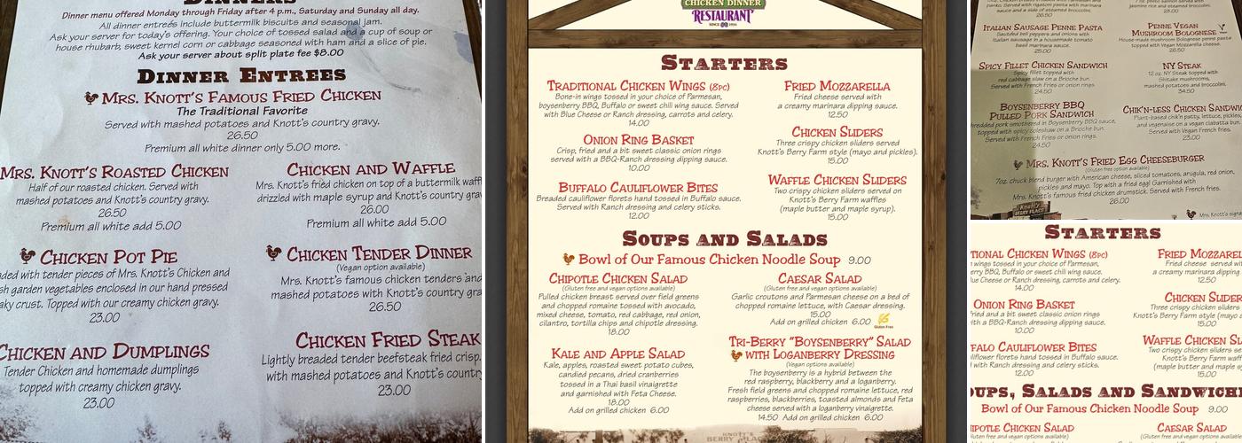 Mrs. Knott's Chicken Dinner Restaurant Menu