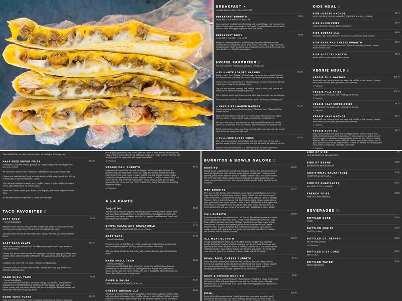 Tom's Tailgate Menu
