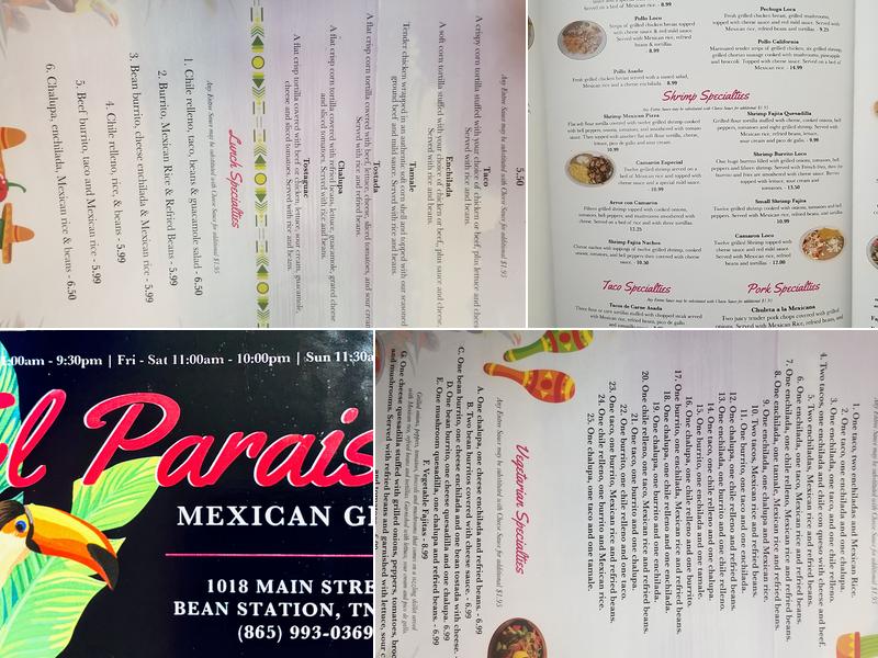 El Paraiso Mexican Grill Menu