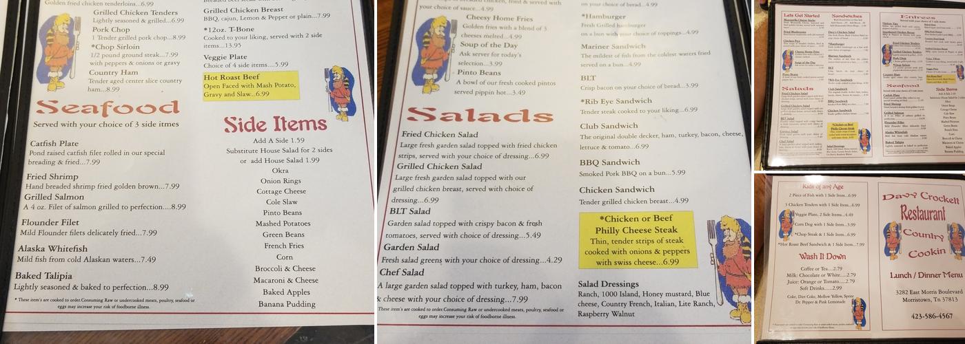 Davy Crockett Restaurant Menu