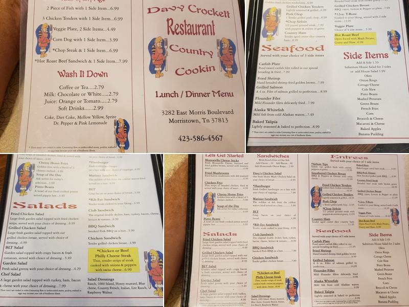 Davy Crockett Restaurant Menu