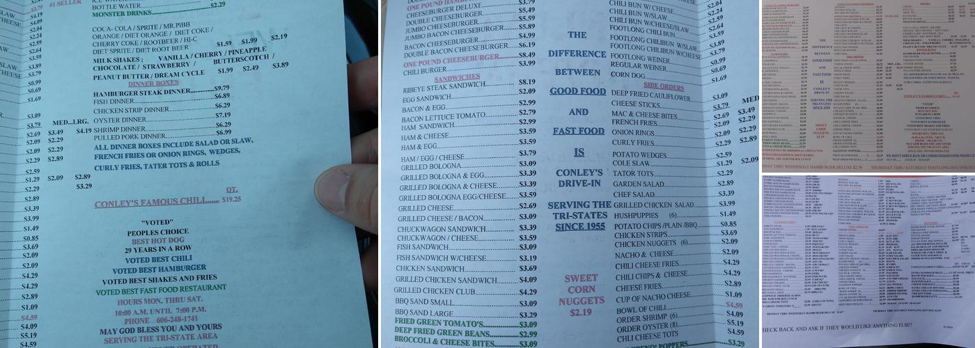 Conley's Drive-In Restaurant Menu