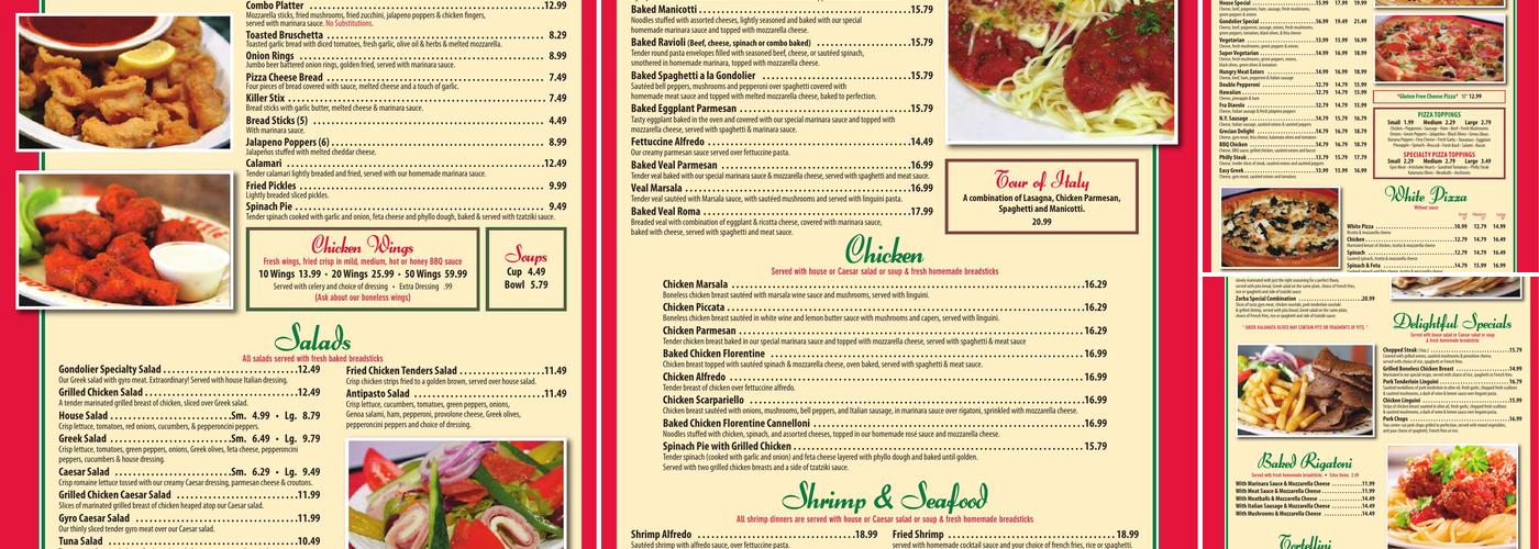 Gondolier Italian Restaurant & Pizza Menu
