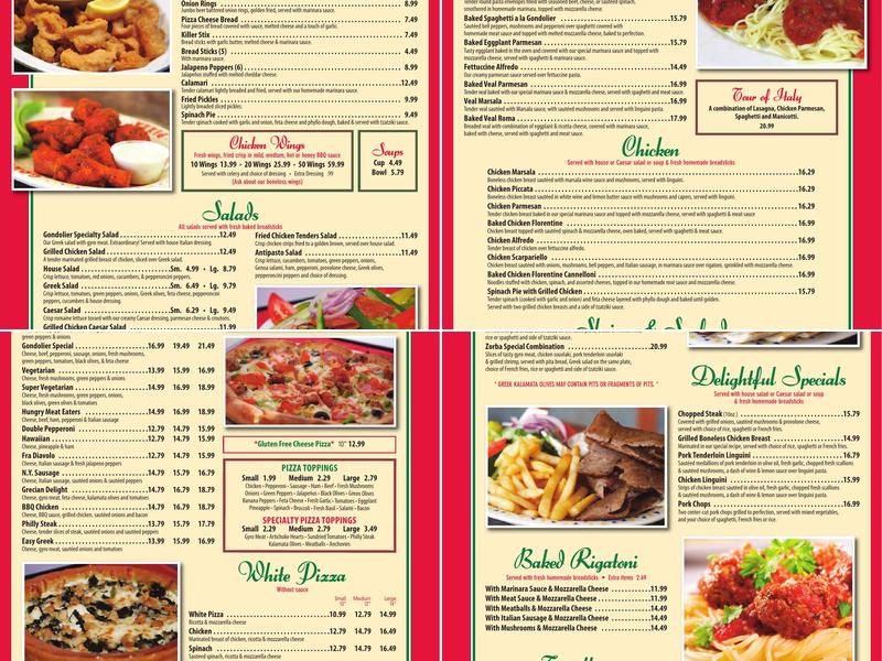 Gondolier Italian Restaurant & Pizza Menu