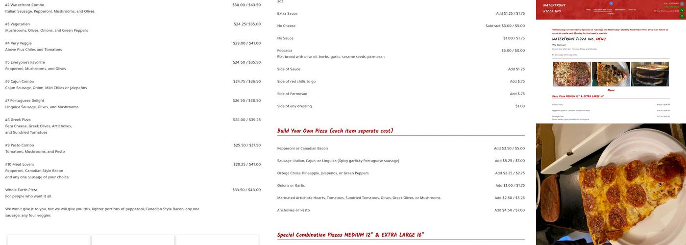 Waterfront Pizza Menu