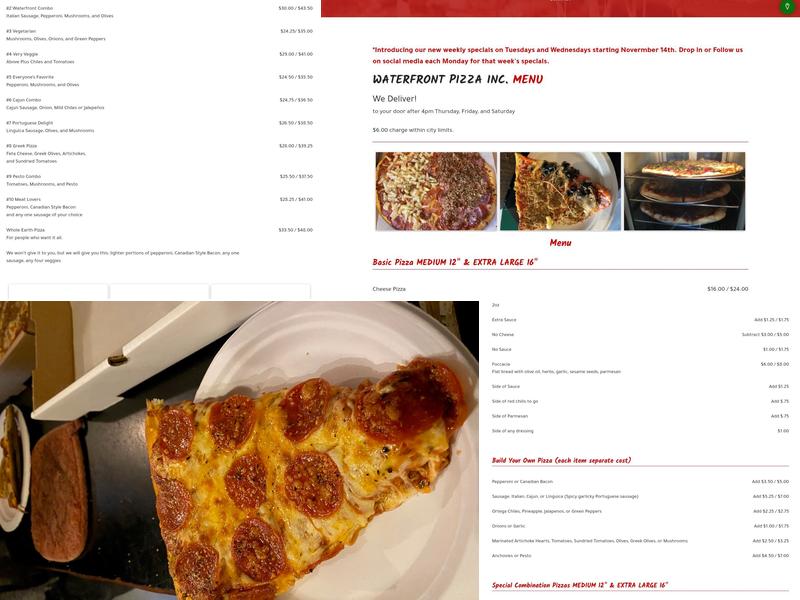 Waterfront Pizza Menu