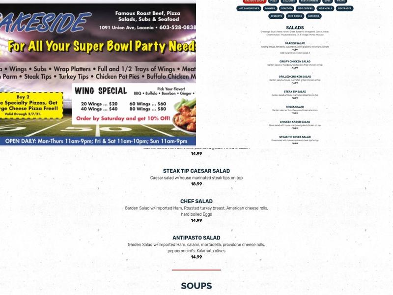 Lakeside Famous Roast Beef Menu