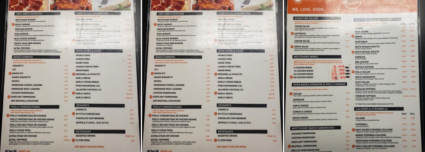 Westshore Pizza Hanley Menu