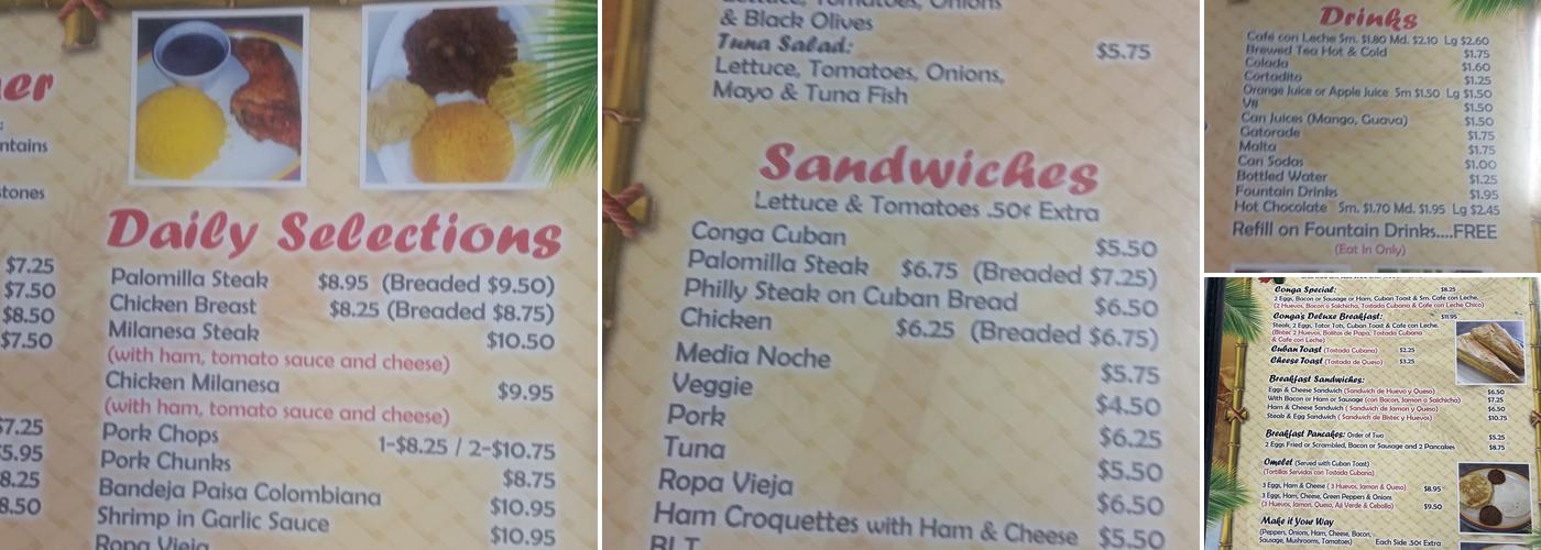 Conga's Latin Cafe. Menu
