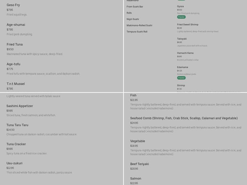 Toki Japanese Restaurant Menu