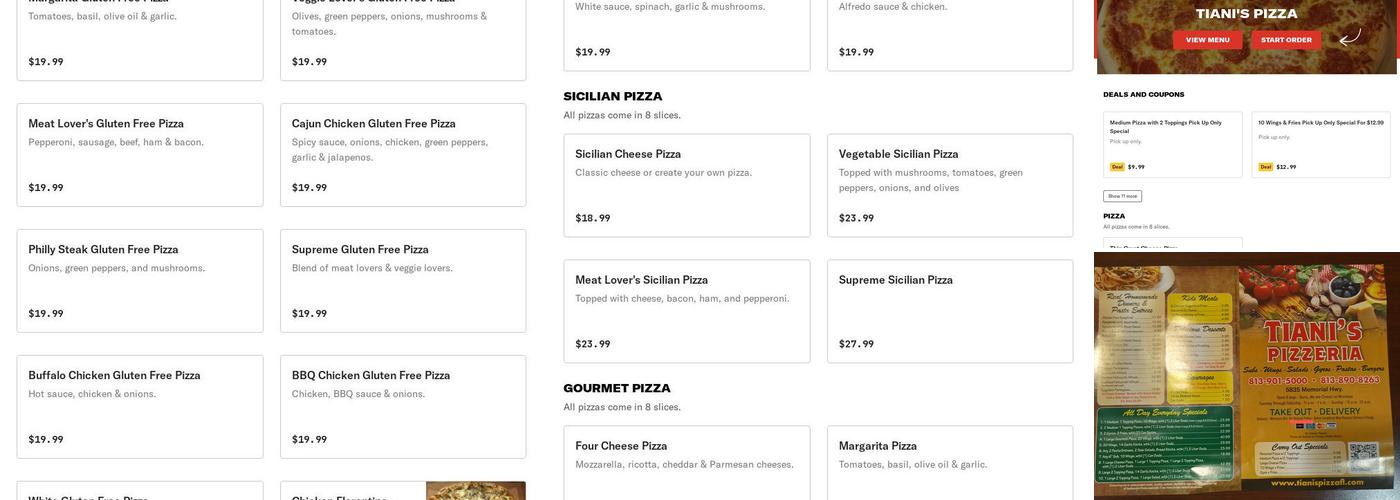 Tiani's Pizza Menu