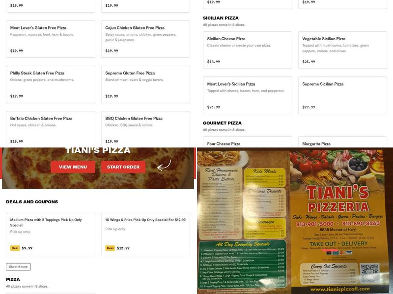 Tiani's Pizza Menu