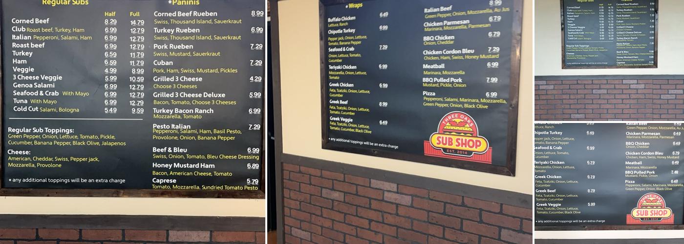 Three Oaks Sub Shop Menu