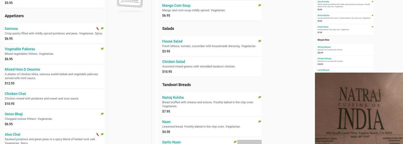 Natraj Cuisine of India Menu