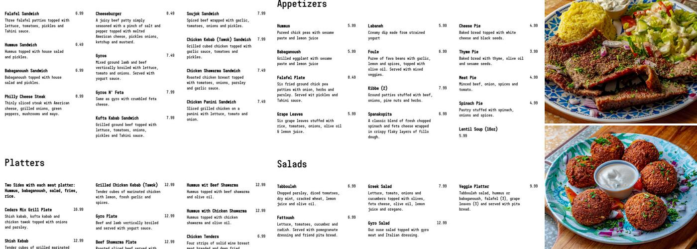 Cedars Grill Menu
