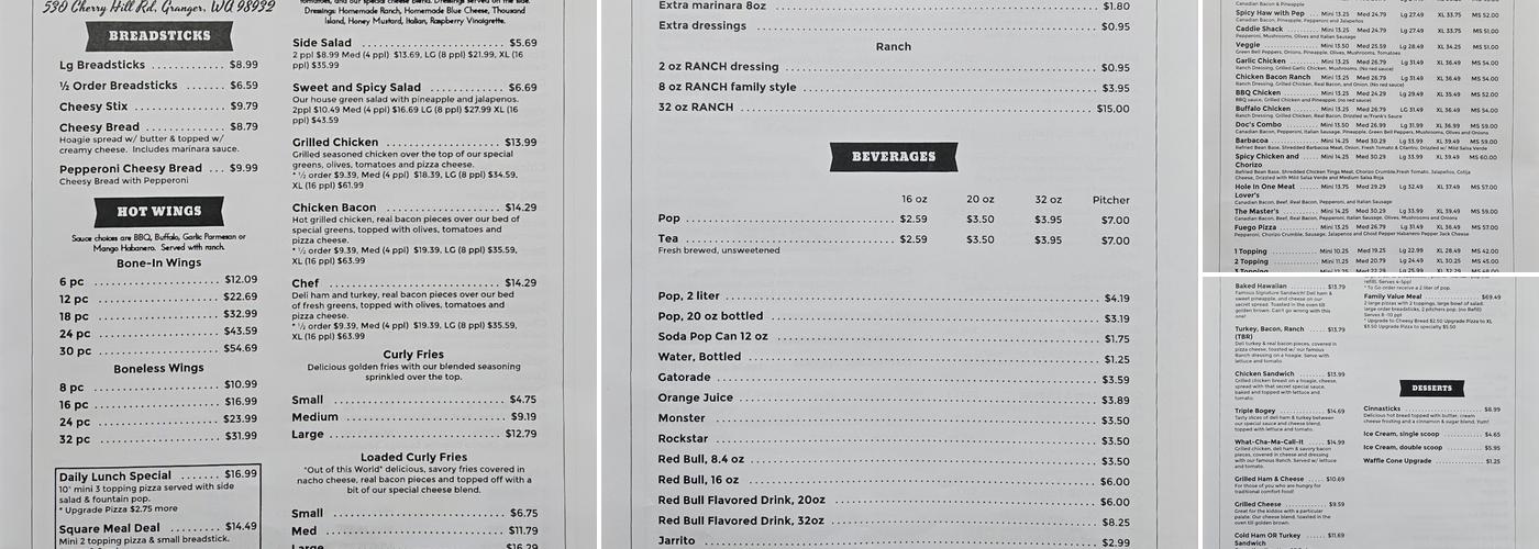 Doc’s Pizza Menu