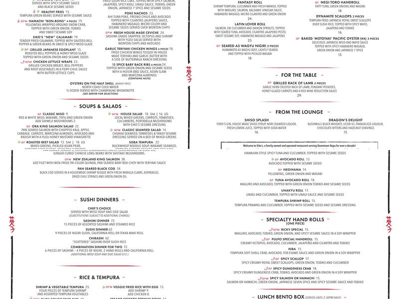 Eiko's Sushi Menu
