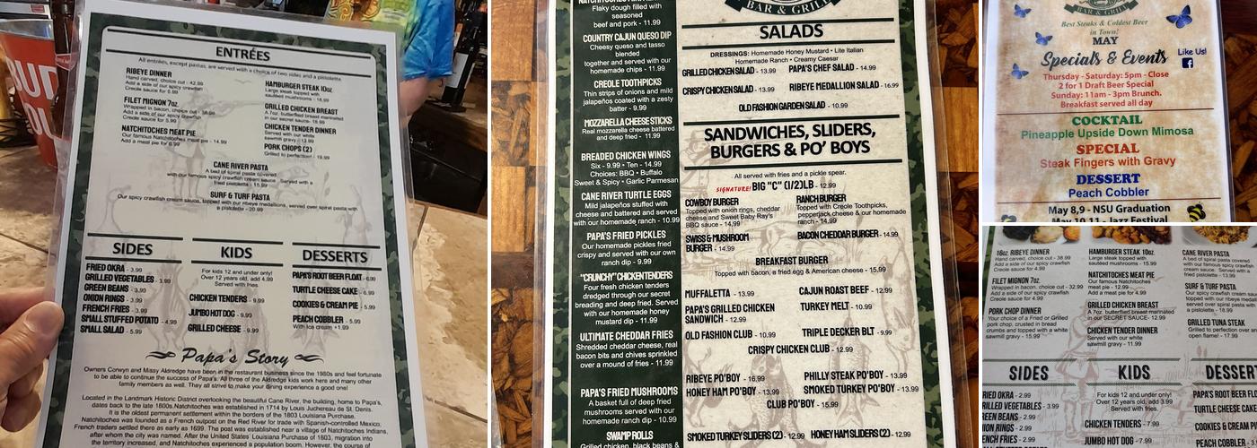 Papa's Bar & Grill Menu