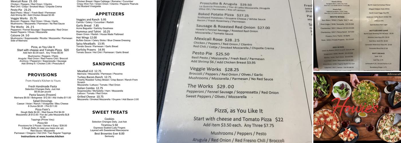 Howie's Artisan Pizza Menu