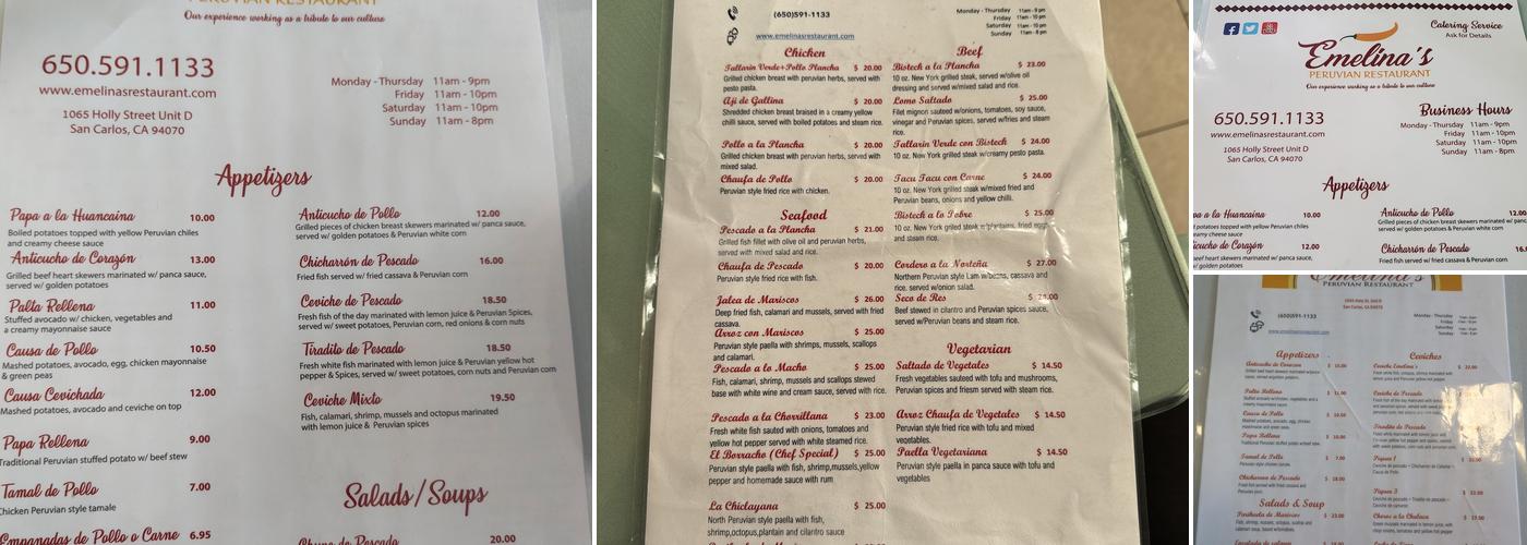 Emelinas Peruvian Restaurant Menu