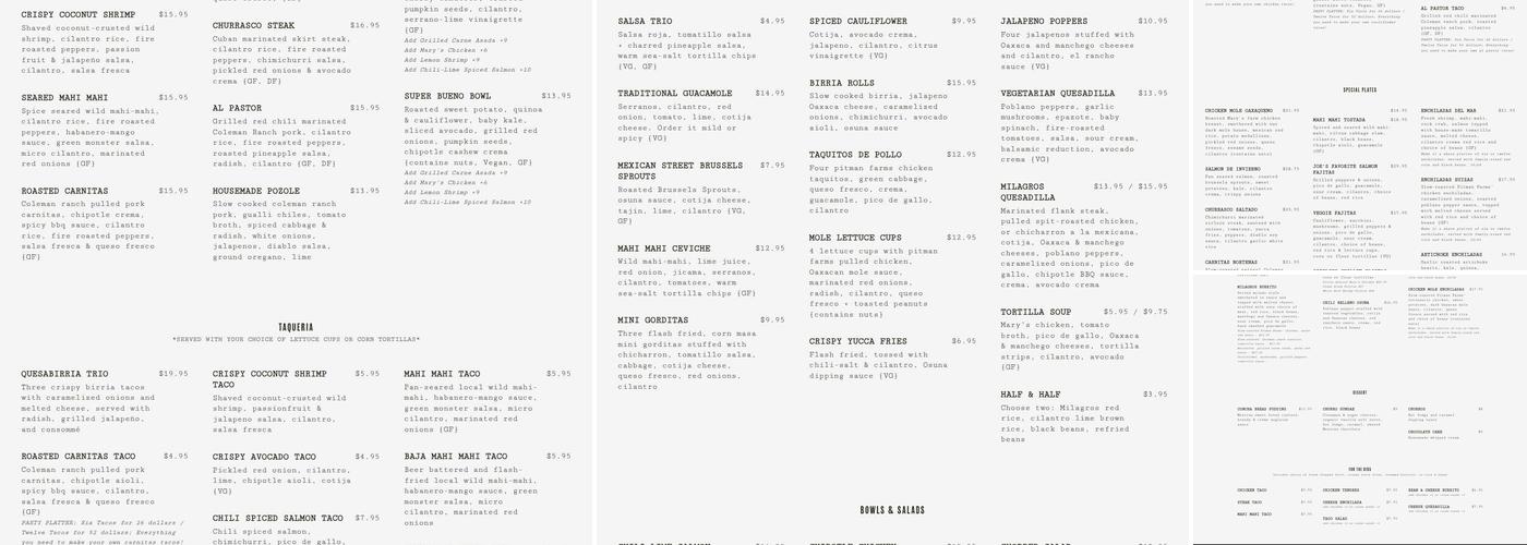 Milagros Latin Kitchen Menu