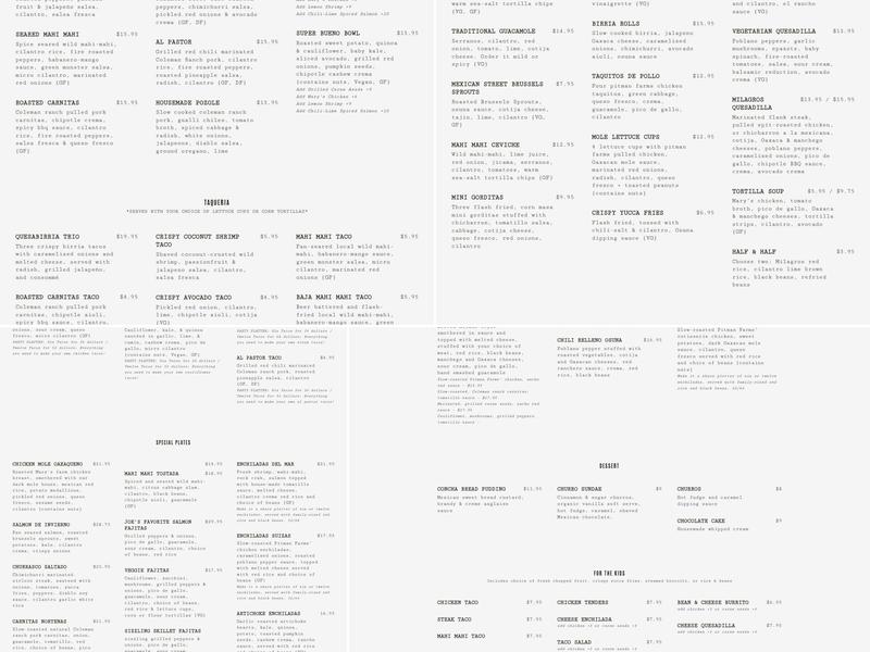 Milagros Latin Kitchen Menu