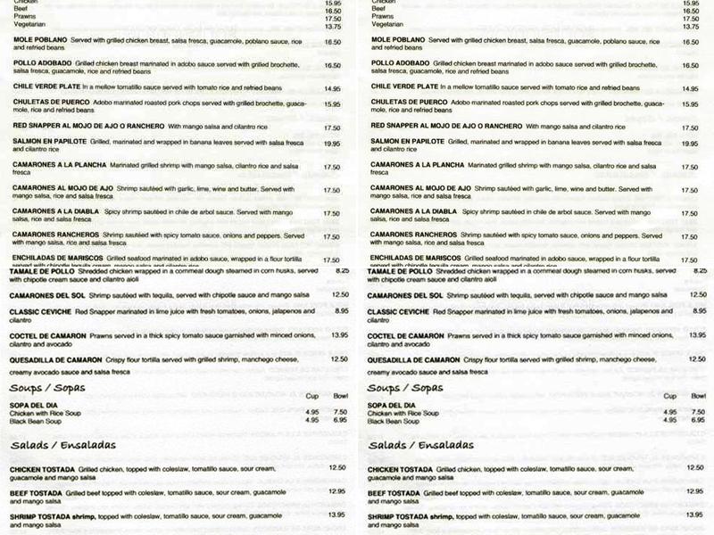 Cafe del sol restaurant Menu