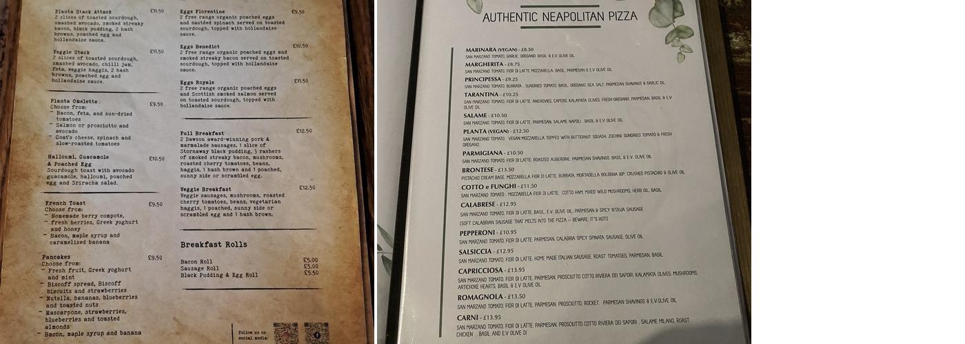Pizzeria Planta Menu