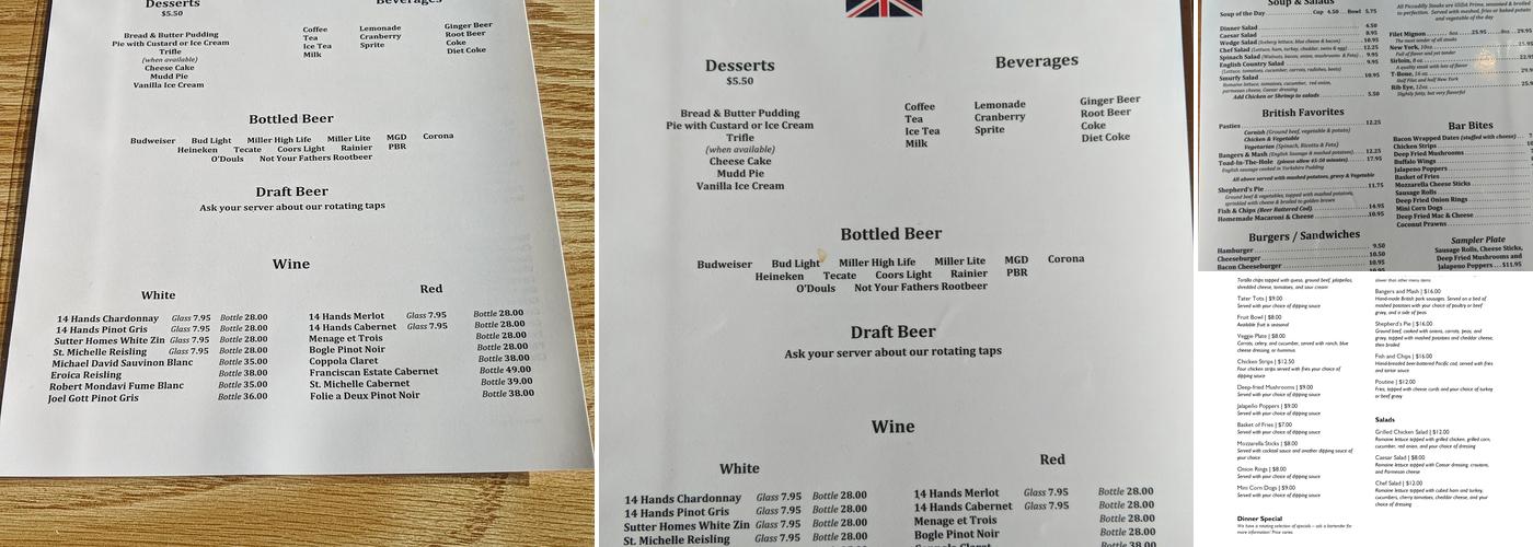 Piccadilly Circus Pub Menu