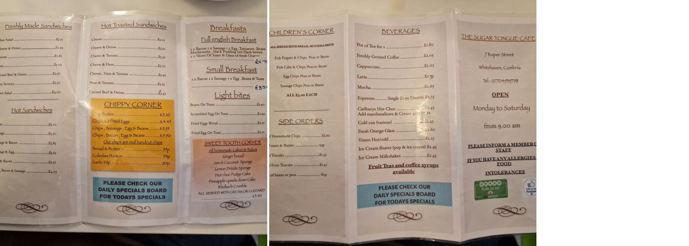 Sugar Tongue Cafe Menu