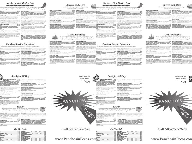 Pancho's Gourmet to Go Menu