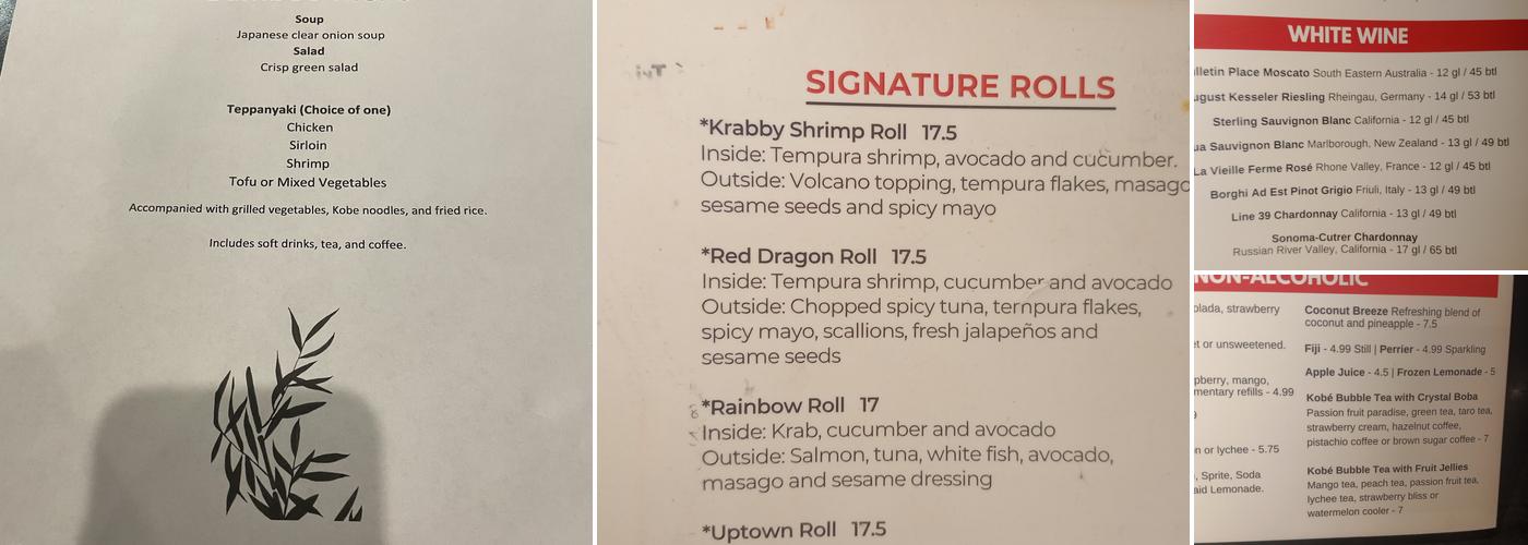 Kobé Japanese Steakhouse - Kirkman Menu