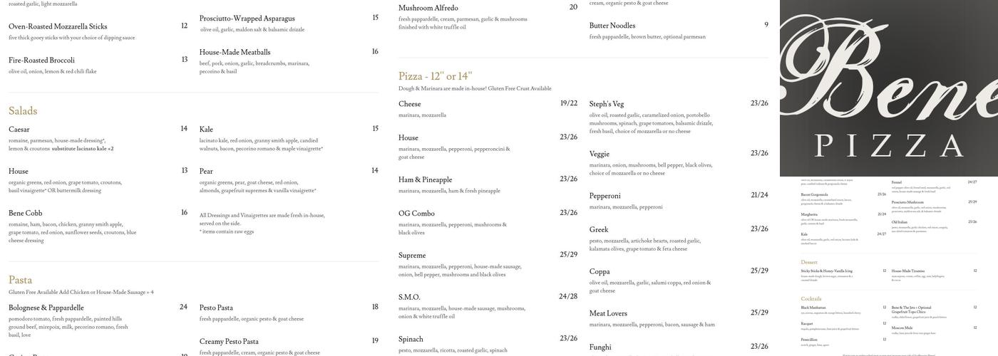 Bene Pizza Menu