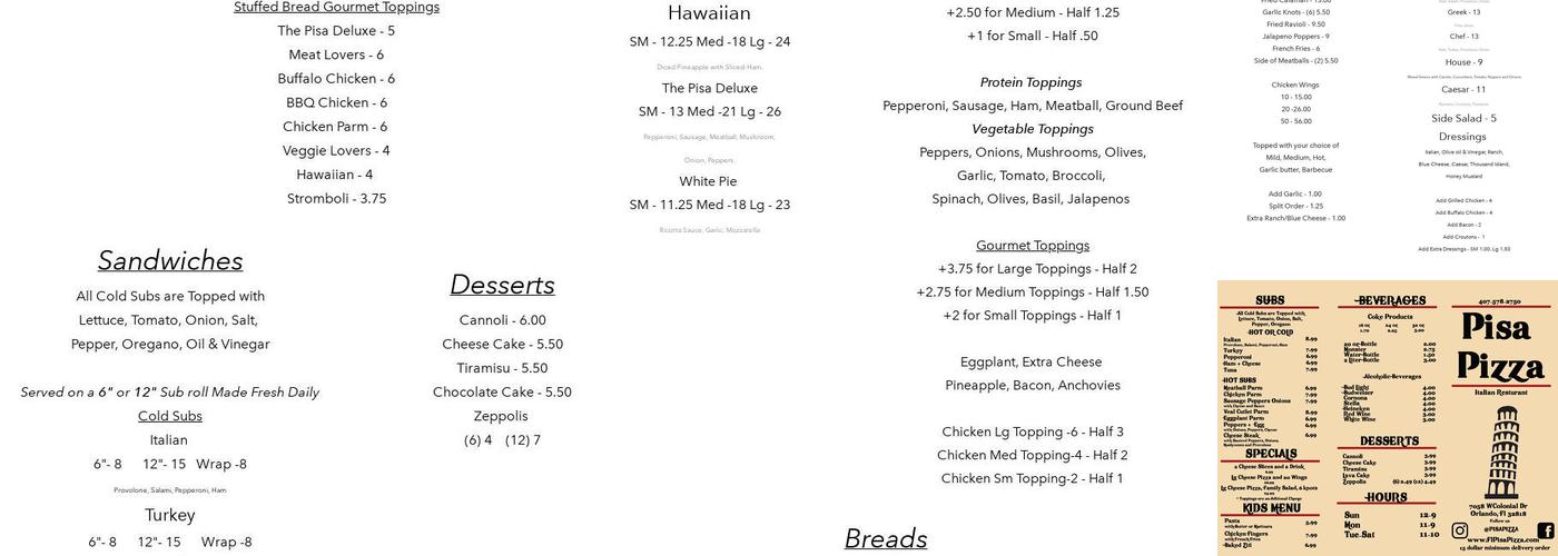 Pisa Pizza Menu
